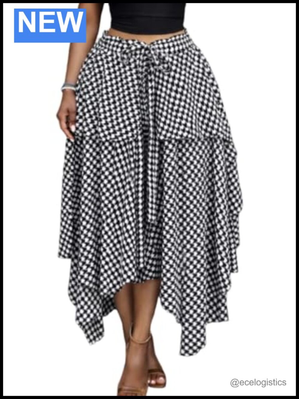 Women's Asymmetrical Plaid Long Skirt High Waist Gingham Layered High Low Tie